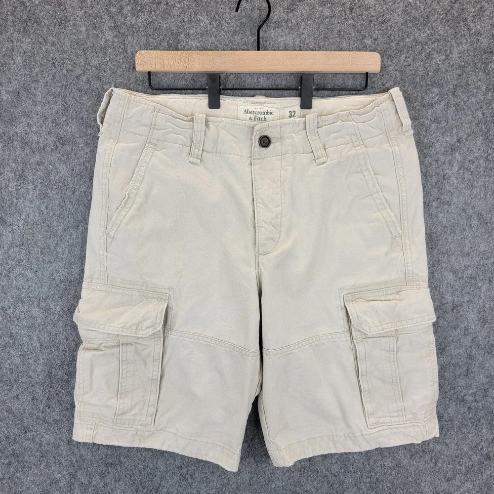 Abercrombie Fitch Shorts Mens 32 Khaki‎ Tan Heavy Cargo Distressed Military Y2K